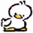Pixelated icon of a white figure with black outline, yellow eyes and feet, holding a curved object.
