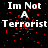 Black background with white text reading "Im Not A Terrorist" repeated in a , red pixelated dots scattered across the image, and a solid gray rectangle on the right side