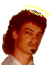 A person with dark hair and a goatee appears in six showing changes to head accessories: yellow dotted halo, red devil horns, or both
