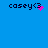 Blue background with four identical 'casey<3' text icons, each featuring a pink heart symbol that animates into scattered particles.