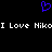 Blue pixelated heart symbol above white pixelated text reading "I Love Niko" repeated twice on a black background.