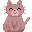 Pixel art contact sheet showing two frames of a pink cat-like mascot animation with closed eyes and open mouth expressions on gray background.