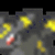 Pixelated static image with dark gray background, scattered yellow and blue pixel clusters, and a small red-and-white gradient shape on the left.
