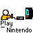 Pixelated character with yellow shirt and white head performs actions with black-and-gray device, text below reads 'Play Nintendo' with 'damn Game!' in one frame.