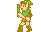 Four pixelated frames of a character in green tunic and brown boots holding a sword, transitioning from walking to swinging motion against gray background.