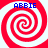 Four identical red and white spiral patterns arranged in a with blue text "ABBIE" above each spiral