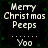 Pixelated text 'Merry Christmas Peeps' and 'Yoo' on black background with green star patterns, displayed in a