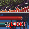 Pixel art collage of four game scenes with red 'LOOK!' text and magnifying glass icons over each.