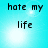 Four identical display 'hate my life' text on a cyan background with a bright white light effect