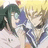 Two anime-style characters in close proximity, one with dark green hair and the other with light brown hair against a yellow background.