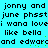 Pixelated text on cyan background with green dots, repeating phrases like 'jonny and jonny' and 'june phsst'.