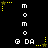 Pixelated animation of yellow stars and white text on black background, with 'momo' and 'G DA' arranged in vertical and stars moving between positions