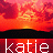 A static image of a red and orange sunset sky with the name 'katie' repeated in white text across two , each letter outlined in black