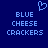 Blue background with light blue pixelated text reading "BLUE CHEESE CRACKERS" in three lines, a small heart symbol above the text.