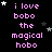 Pixelated text 'i love bobo the magical hobo' repeated in four on black background with scattered stars, some white and gray