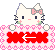 Pixelated white cat with pink bow, black whiskers, and small green flower near mouth; red arrow on pink patterned background.