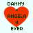 Four identical pixelated red heart icons with green text reading DANNY + ANGELA 4 EVER arranged in a on a white background