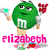 Green M&M character holding a green drink and red flowers with 'elizabeth' text in pink, red, or green below.
