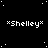 Black background with white pixelated text reading "*Shelley*" repeated in , scattered white dots resembling stars, and a solid gray rectangle in the bottom-right corner