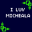 Pixelated icon with dark blue background, white text reading "I LUV MICHEALA", and green square-based animation elements in four corners.