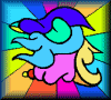 Animated cartoon character with blue body, purple hair, and green heart-shaped chest against a multicolored radial background.