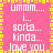 Pixelated pink background with yellow border, white text reading 'ummm... i... sorta... kinda... love you' repeated in two