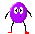 Six pixelated purple oval figures with black limbs and red feet display varying arm positions, facial expressions, and hand gestures against a gray background.