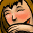 Pixelated cartoon-style icon of a girl with closed eyes and blushing cheeks, wearing red lipstick and black hair against a brown background.