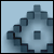 Pixelated blue and gray icon with a rounded central shape, dark blue rectangular eyes, and a black zigzag line on the left side against a light blue background.