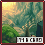 Pixel art scene of a cave entrance with green foliage, stone path, and sunlit sky, framed by red border with text 'I'M A CAVE!' at bottom.