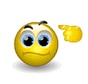 Static yellow cartoon emoji with blue eyes, raised eyebrow, and downturned mouth pointing at a detached yellow hand on white background.