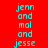 Red background with cyan text reading 'jenn and mal and jesse' arranged in a pattern, featuring white rectangular overlays on select