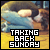 Pixelated static image featuring a stylized beach scene with text overlay reading "TAKING BACK SUNDAY" in bold block letters.