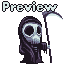 Pixel art depiction of a hooded figure with skull face holding scythe, gray background, 'Preview' text above.