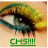 A pixelated close-up of a human eye with green and yellow eyeshadow, black eyeliner, and long lashes against a beige background; below the eye is green text reading "CH5!!!".