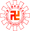 Six pixelated swastika symbols in orange, yellow, green, blue-green, purple, and pink arranged in a with red gear-like borders on gray background