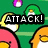 Pixelated cartoon penguins on green background with 'ATTACK!' text overlay; some penguins have pink or orange bodies, others white.