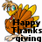 Pixelated turkey with orange body, yellow wings, and red wattle stands behind black text reading 'Happy Thanks -giving' on white background.