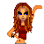 Pixel art of a female character with long red hair, blue eyes, and a red checkered top standing next to a gray leg silhouette on white background.