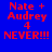 Red pixelated text on blue background with two variations of light effects, reading "Nate + Audrey 4 NEVER!!!" in four quadrants.