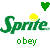 Green 'Sprite' text with yellow suns and green hearts above, pixelated 'obey your thirst' text below on white background.