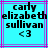 Pixelated text displays 'carly elizabeth sullivan' with a heart symbol on cyan background bordered by purple and pink lines.