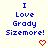 Blue text reads "I Love Grady Sizemore!" with red heart and arrow symbols on a light background, showing animation changes in symbol shapes.