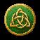 Five circular green icons with golden borders and Celtic knot symbols, each displaying different light effects on their outer glow.