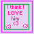 Animated contact sheet of 21 frames showing a pink and green buddy icon with text "I think I LOVE him" and small heart symbols, displaying subtle cursor movement across the animation.