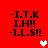 Red background with black text reading -I.T.K, I.H!!, and -I.L.S!! in four identical quadrants; two pixelated hearts appear below the top-right quadrant.