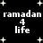 Black background with white pixelated text and star shapes; 'ramadan 4 life' repeated in two , stars scattered throughout