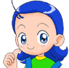 A cartoon character with blue hair and green overalls displays multiple facial expressions including smiling, blushing, sweating, winking, sticking out tongue, and crying.