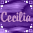 Pixelated purple background with white square border elements and light pink cursive text reading "Cecilia" repeated twice horizontally.