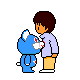 Two pixelated figures interact against a gray background; a blue character with white ears and red eyes faces a brown-haired figure in a light purple shirt and yellow pants.